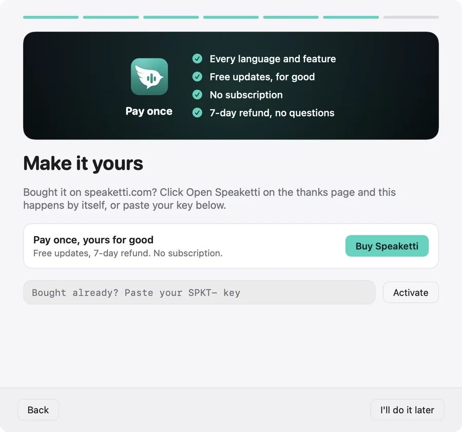 Speaketti setup: Activate your licence