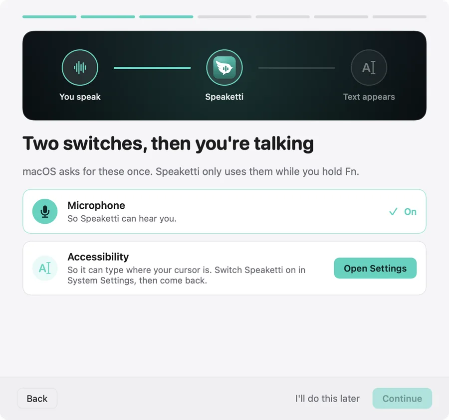 Speaketti setup: Allow the microphone and Accessibility